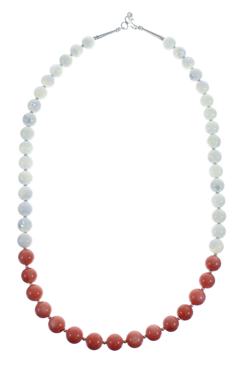Sterling Silver Pink Coral and Mother of Pearl Bead Necklace JX126892